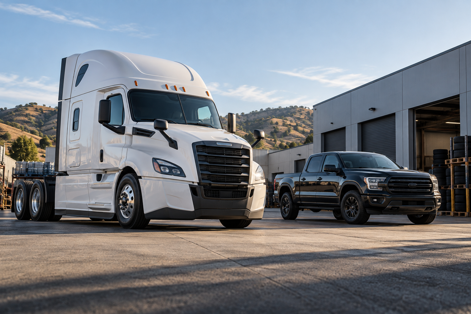 Semi-truck and work pickup in an industrial yard, illustrative image